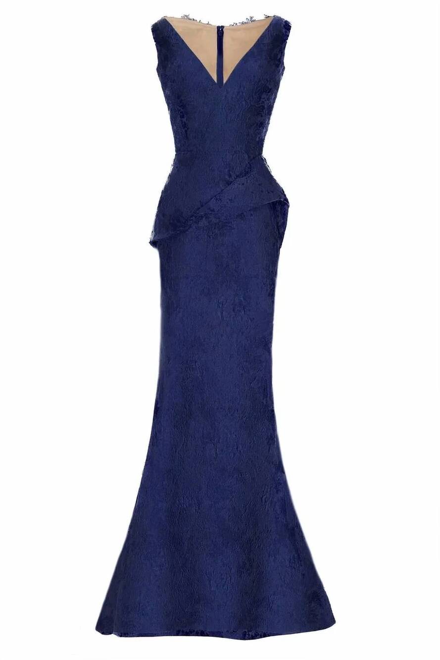 NEW JANIQUE women's gilt-accented jacquard peplum mermaid gown in navy